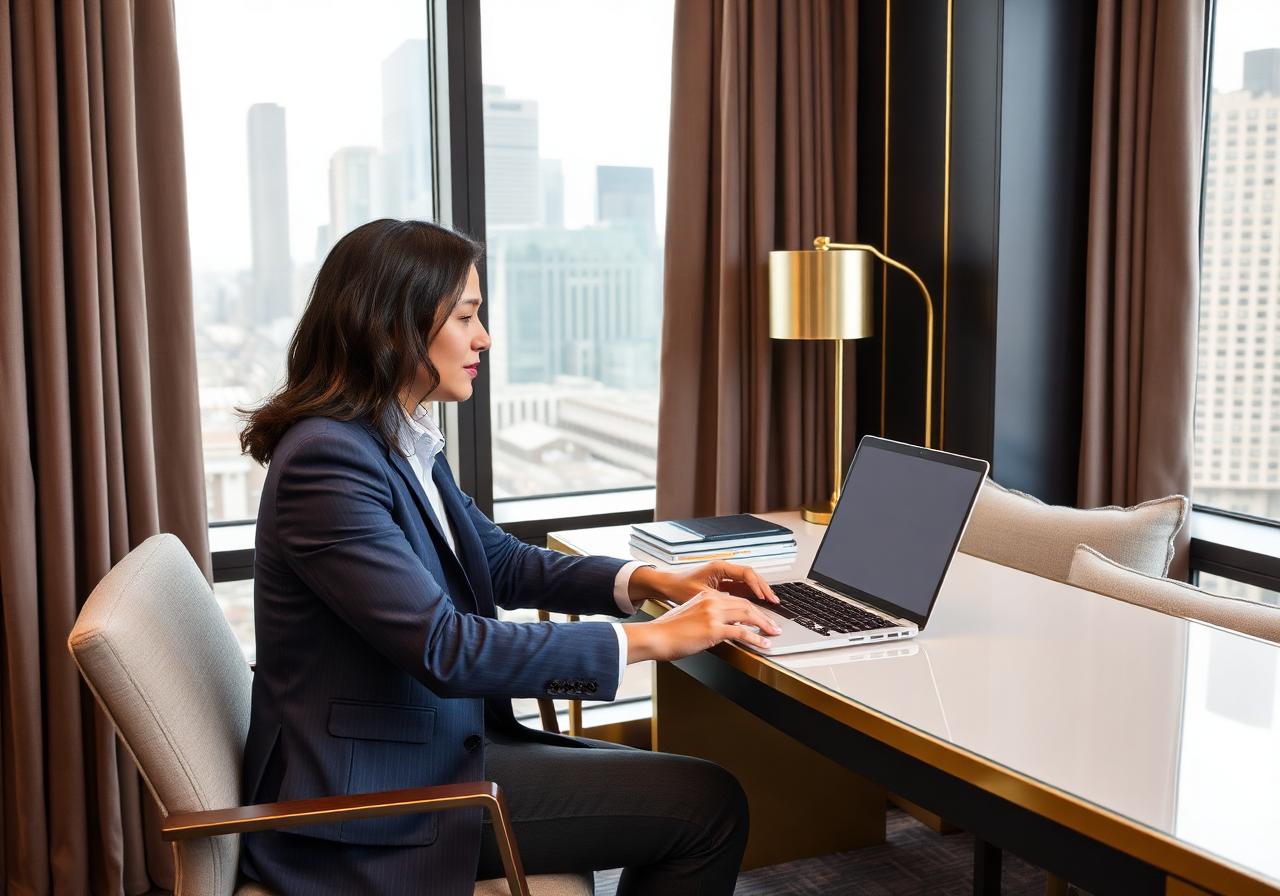 Business traveler working from suite